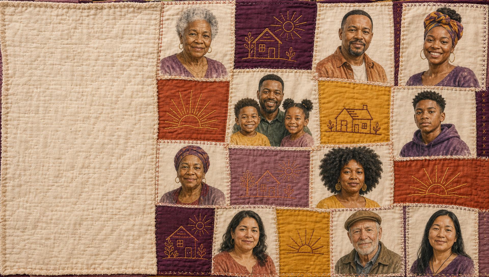 Hand-stitched community quilt of linen and canvas patches with painted portraits of Kansas City neighbors